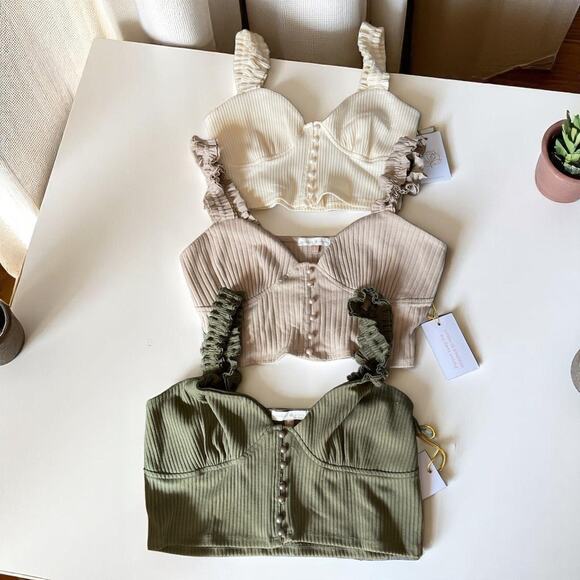 Women's Ruffled Strap Crop Top/Bralette Corset Style Button Front Tank Boho - Picture 3 of 5